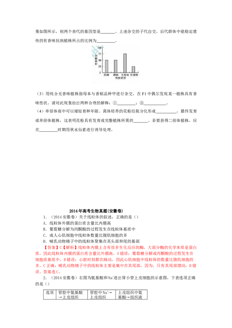 2014年安徽高考生物真题及答案_全国卷+地方卷_6.生物_1.生物高考真题试卷_2008-2020年_地方卷_安徽高考生物08-20
