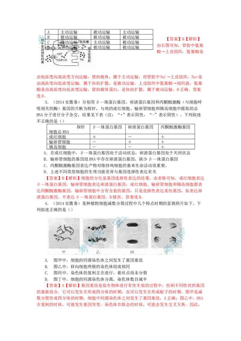 2014年安徽高考生物真题及答案_全国卷+地方卷_6.生物_1.生物高考真题试卷_2008-2020年_地方卷_安徽高考生物08-20