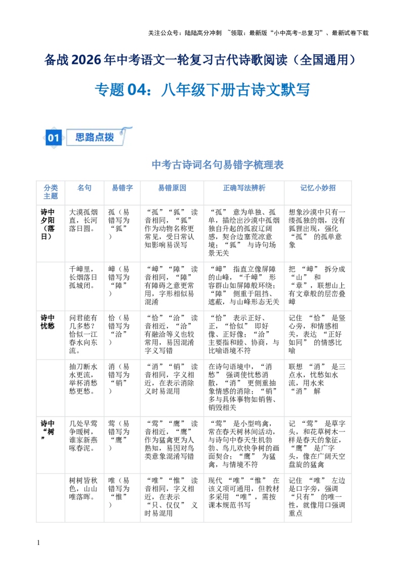 专题04：八年级下册古诗文默写（原卷版）_02中考总复习（2026版更新中）_01-语文-中考总复习_2026年中考复习（更新中）_上好课备战2026年中考语文一轮复习之古诗文专题（全国通用）