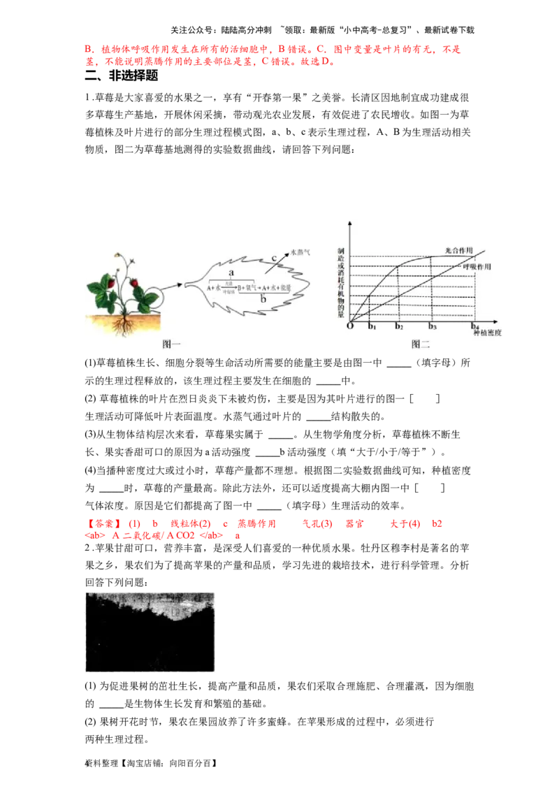 专题08绿色植物的蒸腾作用测试（解析版）_02中考总复习（2026版更新中）_08-生物-中考总复习_2024年中考复习资料_一轮复习_配套练习_教师版（含答案解析）