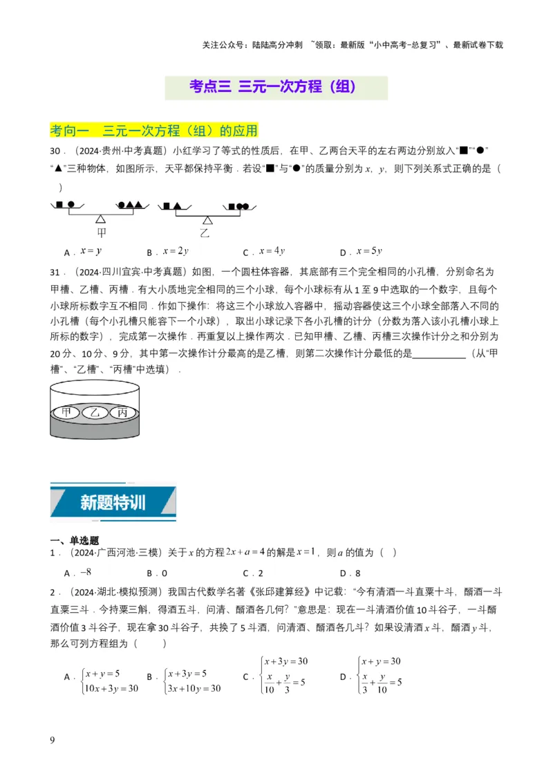专题05一次方程（组）（原卷版）_02中考总复习（2026版更新中）_02-数学-中考总复习_2025中考复习资料_备战2025年中考数学真题题源解密（全国通用）