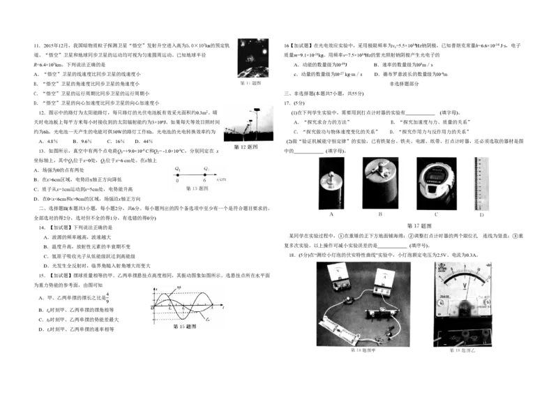 2016年浙江省高考物理4月（原卷版）_全国卷+地方卷_4.物理_1.物理高考真题试卷_2008-2020年_地方卷_浙江高考物理08-21_A3word版_PDF版（赠送）
