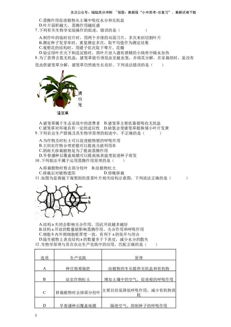 专题08绿色植物的蒸腾作用（原卷版）_02中考总复习（2026版更新中）_08-生物-中考总复习_2024年中考复习资料_一轮复习_配套练习