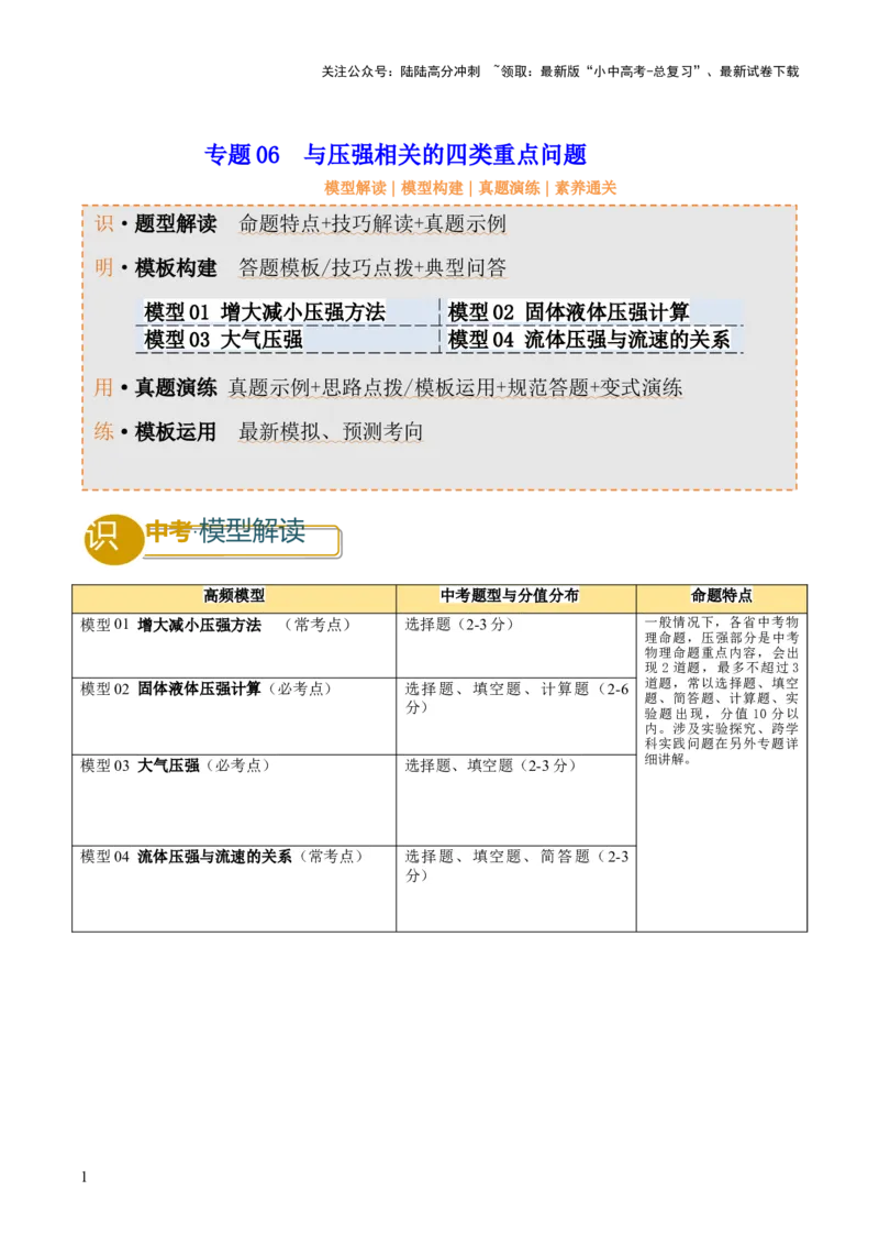 专题06与压强相关的四类重点问题（原卷版）_02中考总复习（2026版更新中）_04-物理-中考总复习_2025年中考复习资料_2025年中考物理答题方法模板