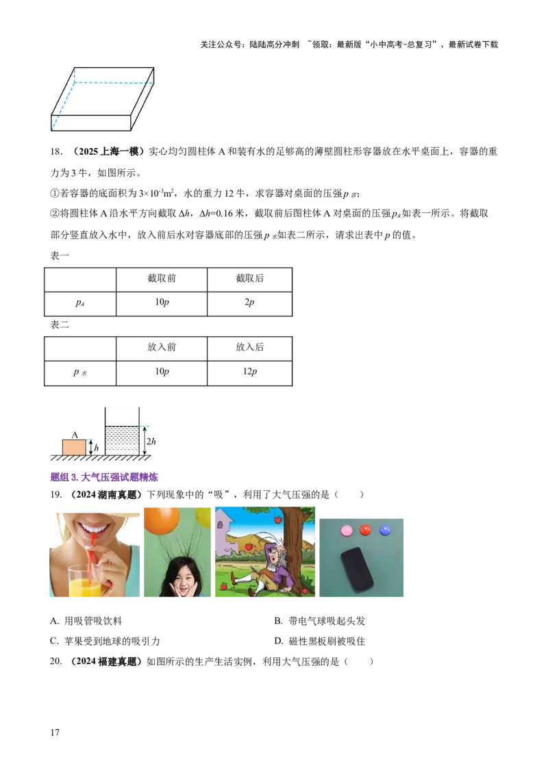 专题06与压强相关的四类重点问题（原卷版）_02中考总复习（2026版更新中）_04-物理-中考总复习_2025年中考复习资料_2025年中考物理答题方法模板