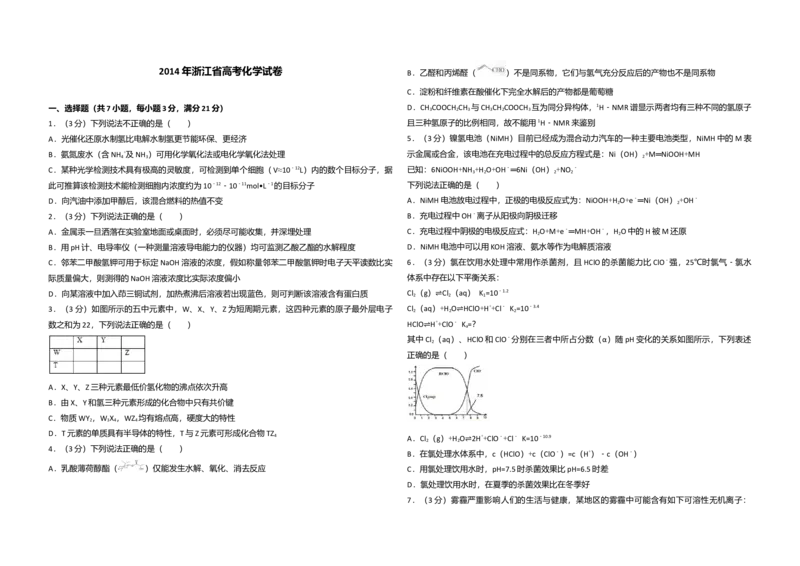 2014年浙江省高考化学（原卷版）_全国卷+地方卷_5.化学_1.化学高考真题试卷_2008-2020年_地方卷_浙江高考化学2008-2021_A3word版_原卷版（建议只打印原卷版，解析版手机对答案即可）