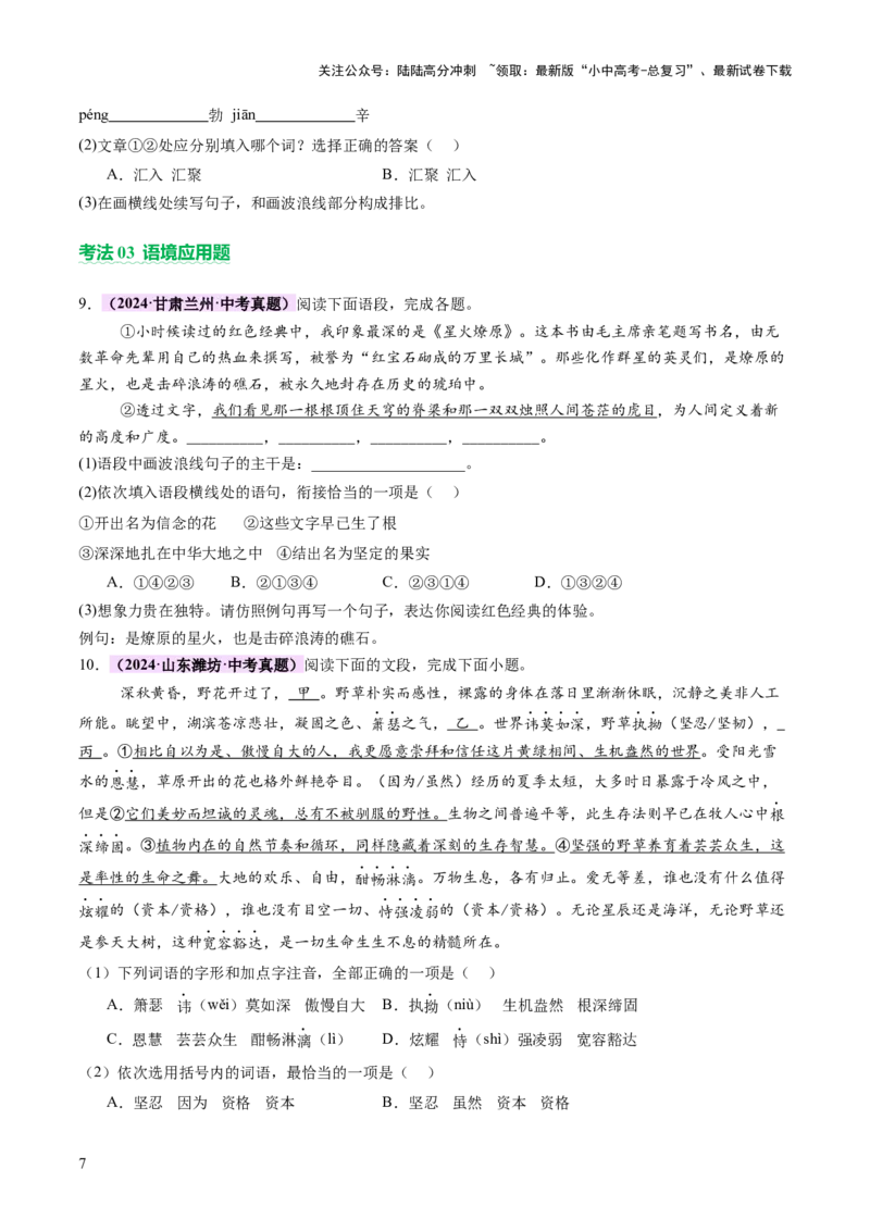 专题05语法与修辞（讲练）（原卷版）_02中考总复习（2026版更新中）_01-语文-中考总复习_2025年中考资料_2025中考二轮课件ppt+讲义+练习语文_讲义练习