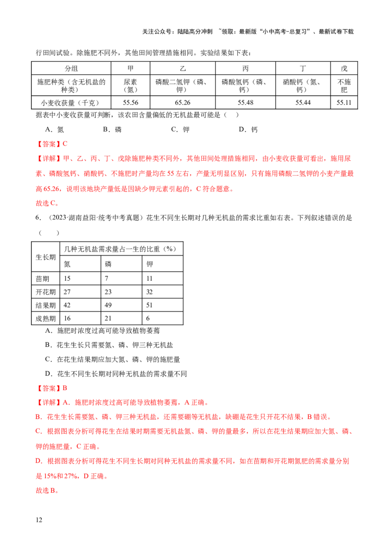 专题05被子植物的一生（解析版）_02中考总复习（2026版更新中）_08-生物-中考总复习_2024年中考复习资料_一轮复习_❤备战2024年中考生物一轮复习考点帮（全国通用）_练习