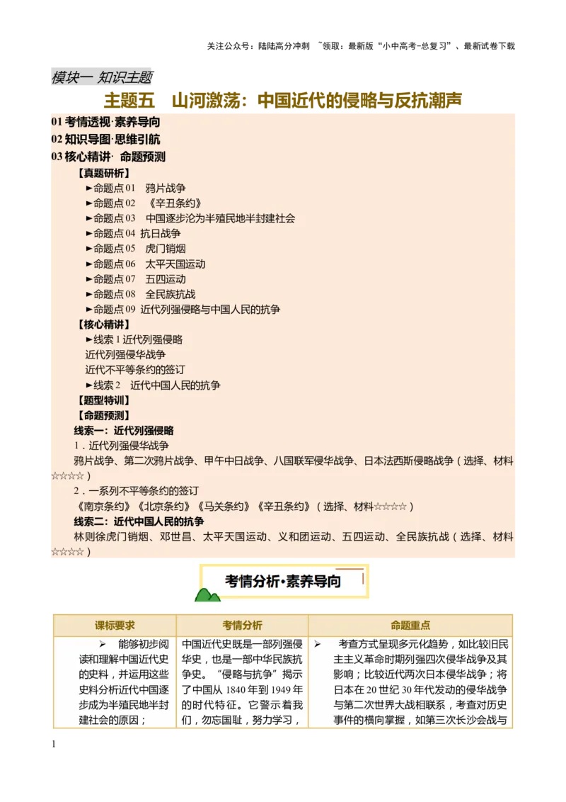 专题05山河激荡：中国近代的侵略与反抗潮声（讲练）（原卷版）_02中考总复习（2026版更新中）_06-历史-中考总复习_2025年中考复习资料_2025中考二轮课件ppt+讲义+练习历史_讲义+练习