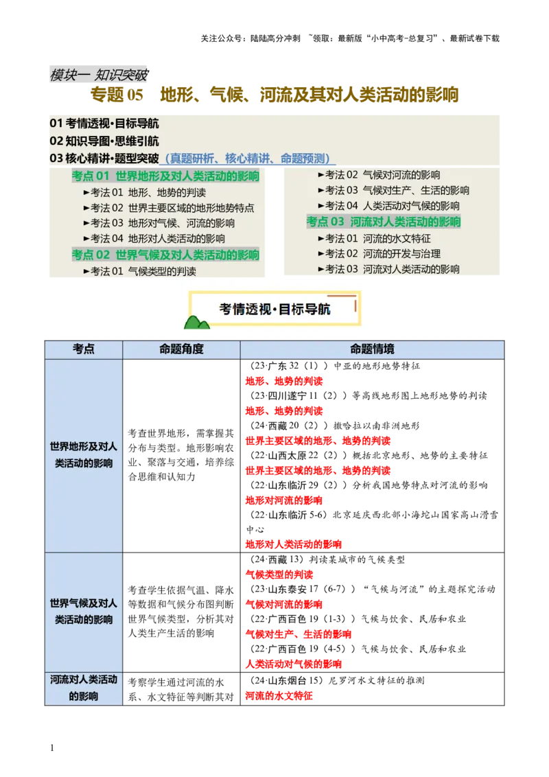 专题05地形、气候、河流及其对人类活动的影响（讲练）（原卷版）_02中考总复习（2026版更新中）_09-地理-中考总复习_2025中考地理复习资料_2025中考二轮课件ppt+讲义+练习地理_讲义+练习