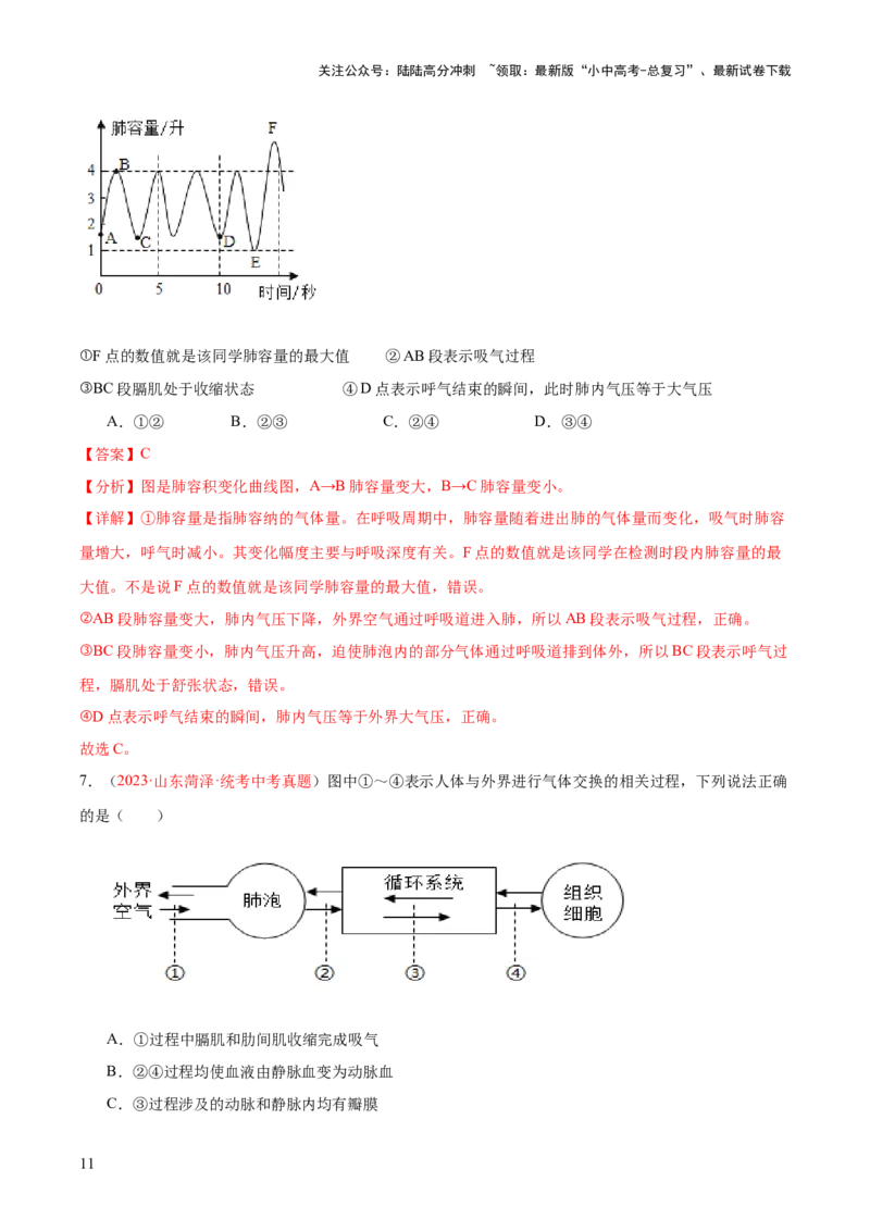 专题11人体的呼吸（解析版）_02中考总复习（2026版更新中）_08-生物-中考总复习_2024年中考复习资料_一轮复习_❤备战2024年中考生物一轮复习考点帮（全国通用）_练习