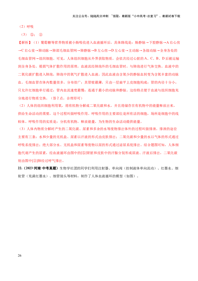 专题12人体内物质的运输（练习）（解析版）_02中考总复习（2026版更新中）_08-生物-中考总复习_2024年中考复习资料_一轮复习_❤2024年中考生物一轮复习讲练测（全国通用）_练习