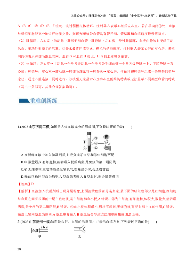 专题12人体内物质的运输（练习）（解析版）_02中考总复习（2026版更新中）_08-生物-中考总复习_2024年中考复习资料_一轮复习_❤2024年中考生物一轮复习讲练测（全国通用）_练习