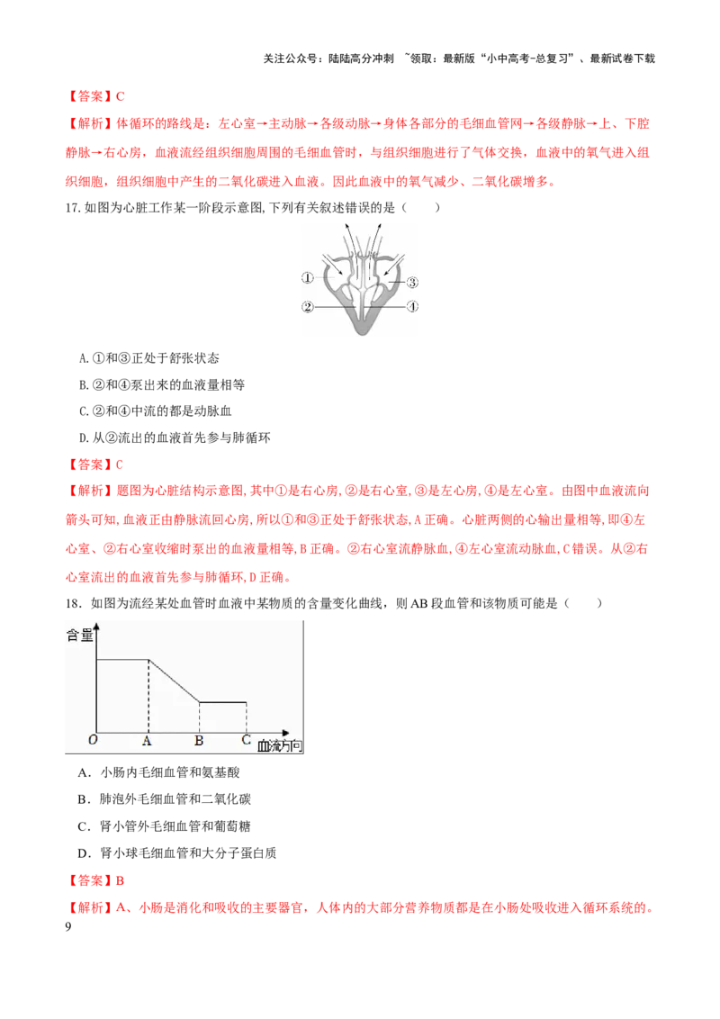 专题12人体内物质的运输（练习）（解析版）_02中考总复习（2026版更新中）_08-生物-中考总复习_2024年中考复习资料_一轮复习_❤2024年中考生物一轮复习讲练测（全国通用）_练习