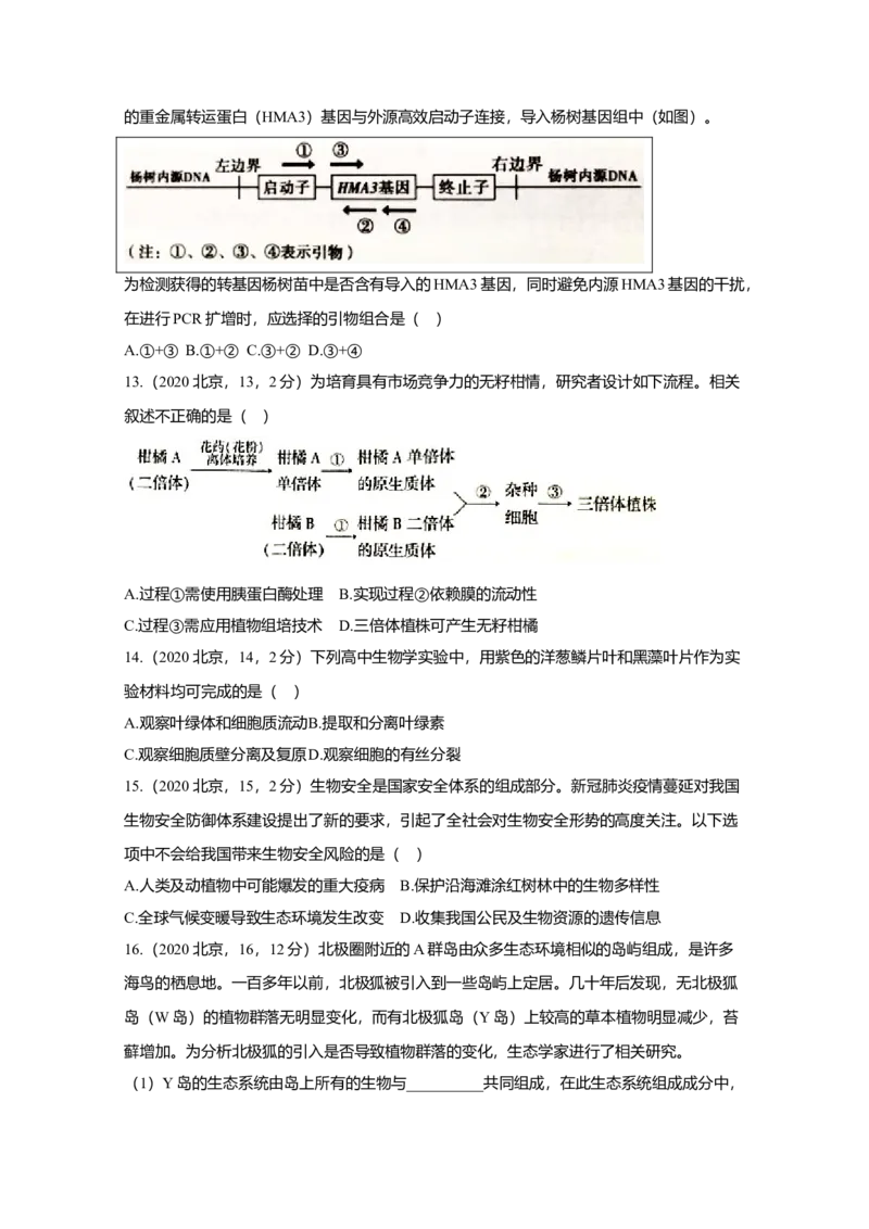 2020年北京市高考生物试卷（原卷版）_全国卷+地方卷_6.生物_1.生物高考真题试卷_2008-2020年_地方卷_北京高考生物08-21_A4word版
