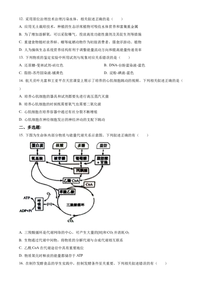 2022年新教材江苏生物高考真题（原卷版）_全国卷+地方卷_6.生物_1.生物高考真题试卷_2022年高考-生物_2022年江苏卷-生物