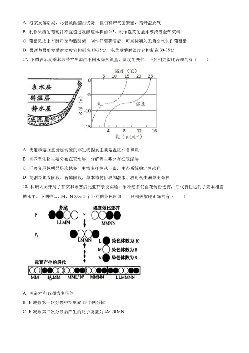 2022年新教材江苏生物高考真题（原卷版）_全国卷+地方卷_6.生物_1.生物高考真题试卷_2022年高考-生物_2022年江苏卷-生物