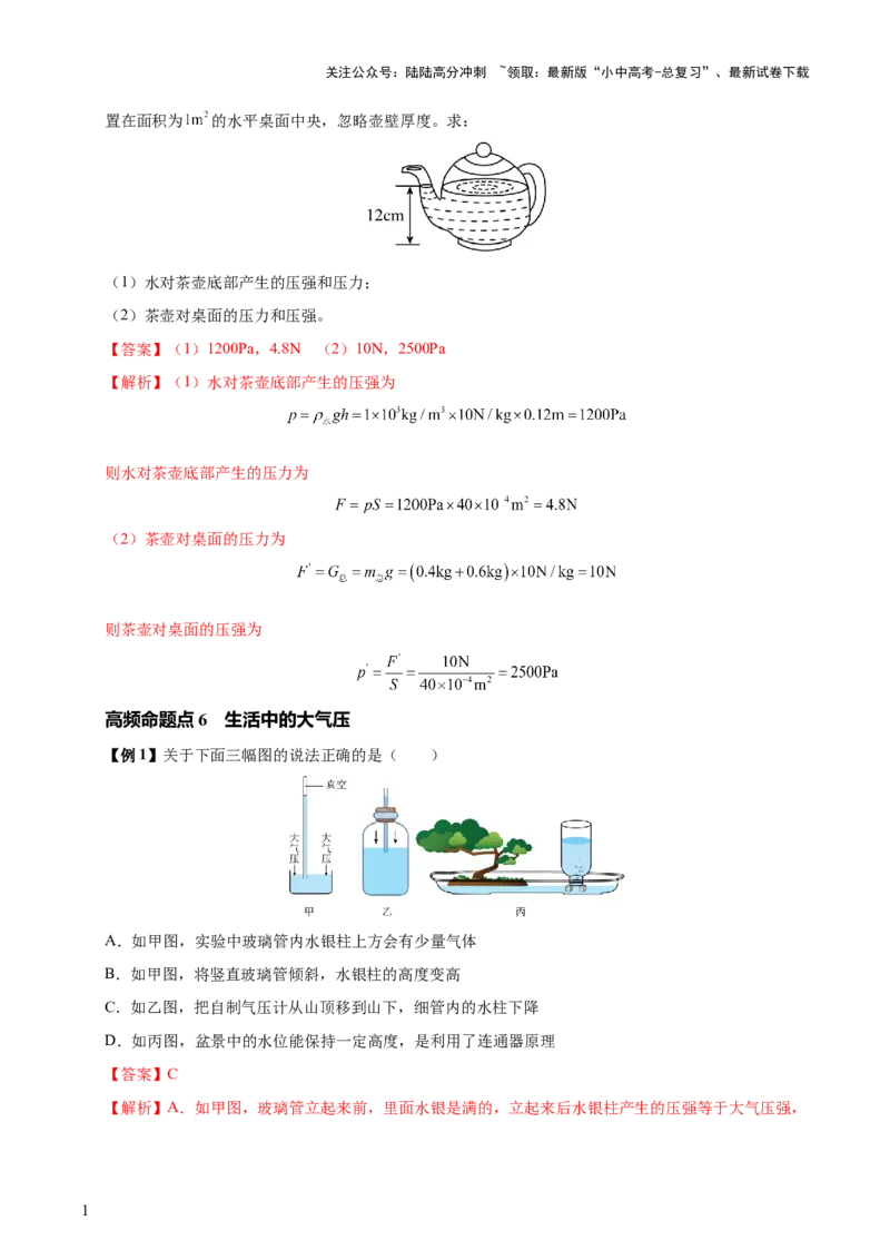 专题10压强（4大模块知识清单+5个易混易错+5种方法技巧+典例真题精析）（解析版）_02中考总复习（2026版更新中）_04-物理-中考总复习_2025年中考复习资料_2025年中考物理一轮知识梳理