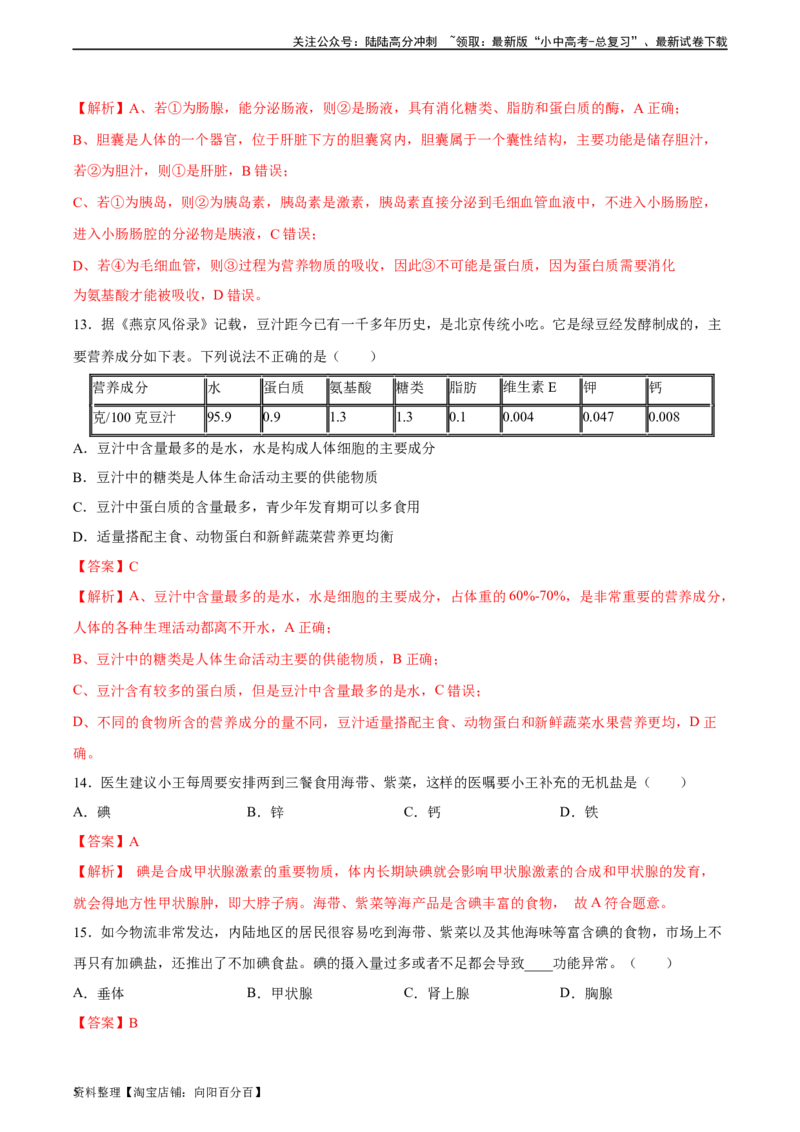 专题10人体的营养（习题精练）（全国通用）（解析版）_02中考总复习（2026版更新中）_08-生物-中考总复习_2024年中考复习资料_一轮复习_配套练习（原卷版+解析版）_答案解析版