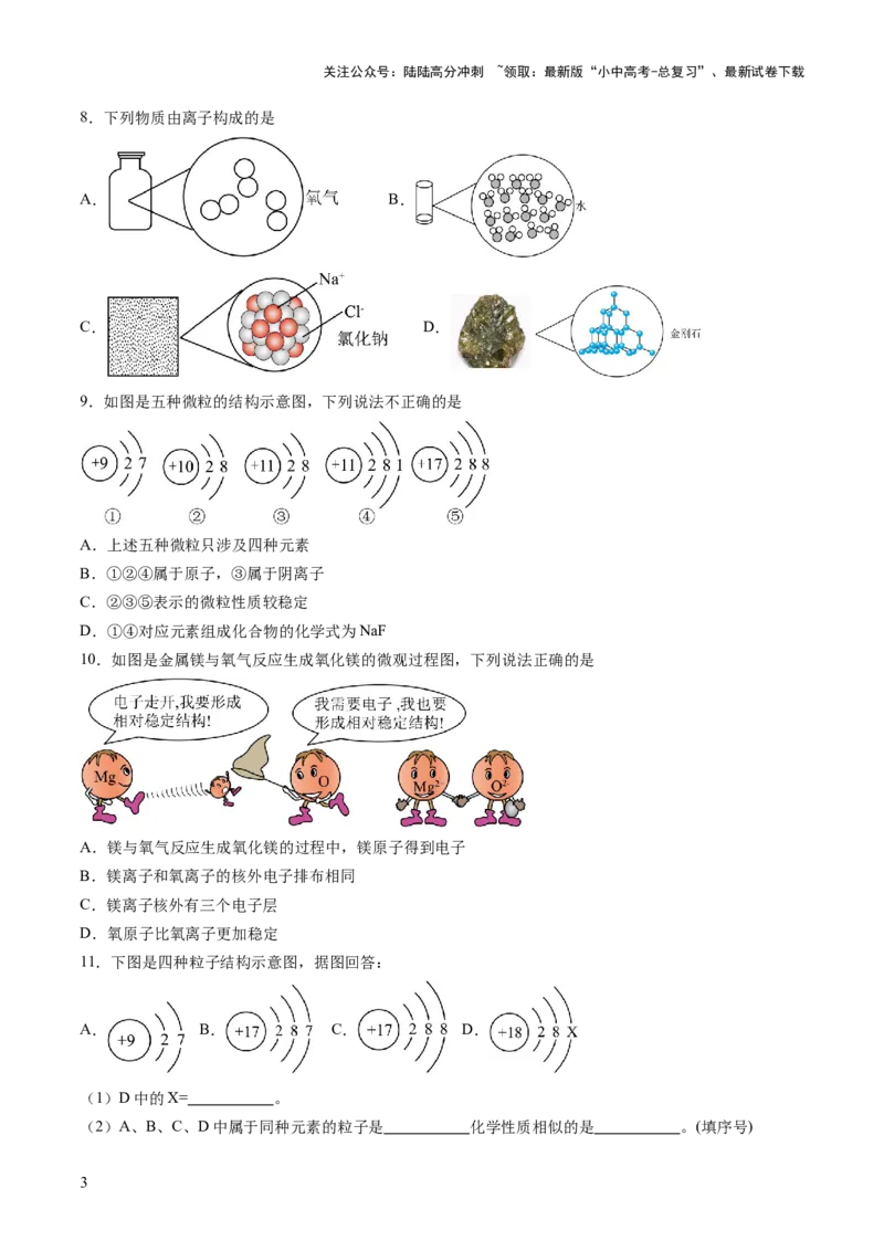 专题11构成物质的微粒元素（练习）（原卷版）_02中考总复习（2026版更新中）_05-化学-中考总复习_2025年中考复习资料_2025中考化学一轮复习讲义+课件_练习