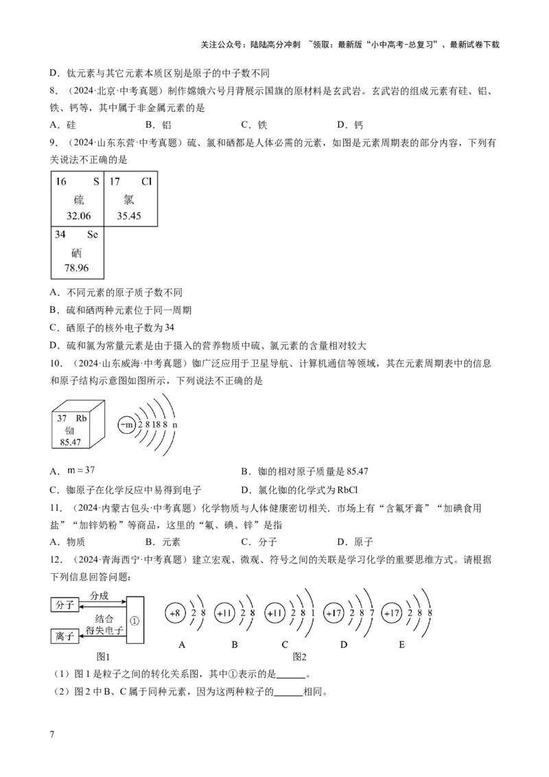专题11构成物质的微粒元素（练习）（原卷版）_02中考总复习（2026版更新中）_05-化学-中考总复习_2025年中考复习资料_2025中考化学一轮复习讲义+课件_练习