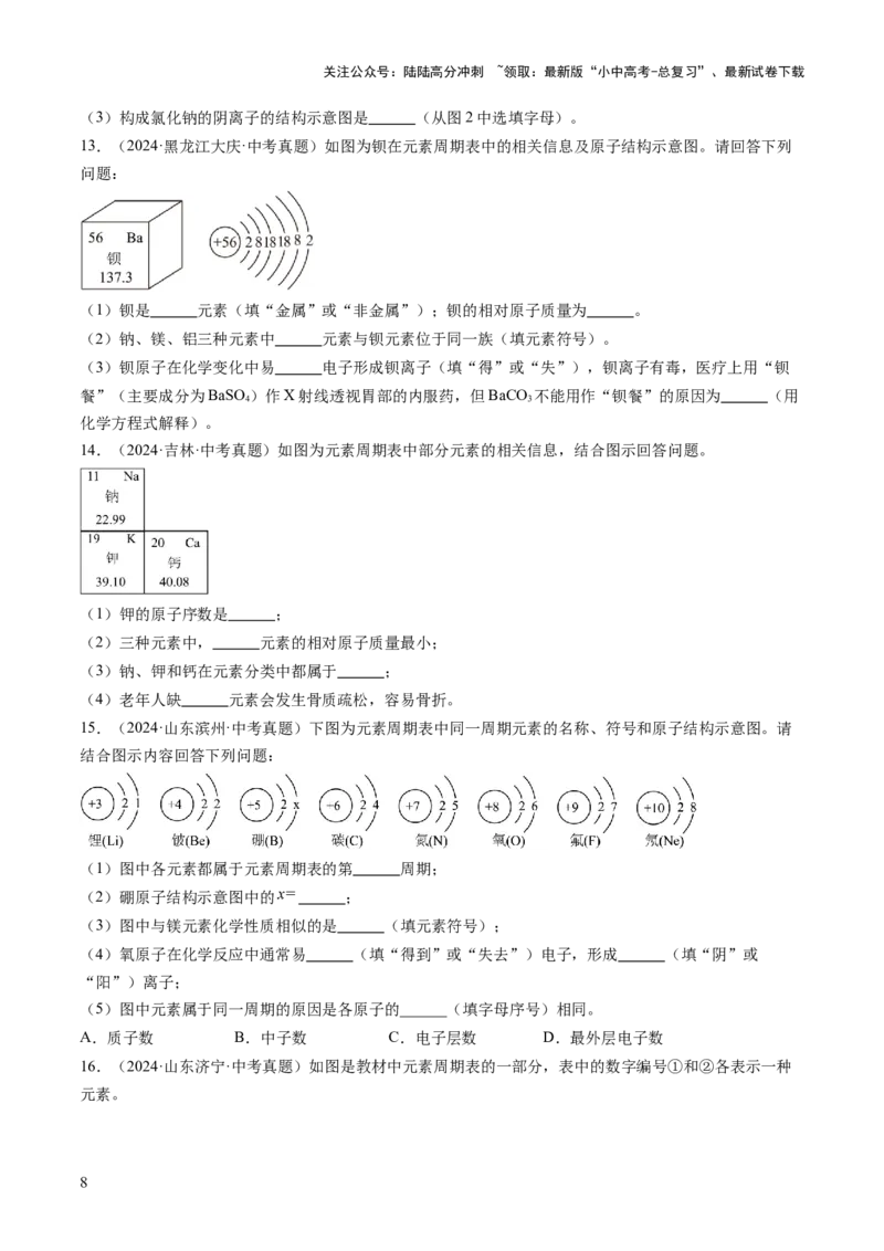 专题11构成物质的微粒元素（练习）（原卷版）_02中考总复习（2026版更新中）_05-化学-中考总复习_2025年中考复习资料_2025中考化学一轮复习讲义+课件_练习