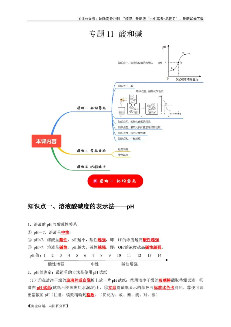 专题11酸和碱（解析版）_02中考总复习（2026版更新中）_05-化学-中考总复习_2024年中考复习资料_一轮复习资料_完2024年中考化学复习考点一遍过（全国通用）_教师版（含答案解析）
