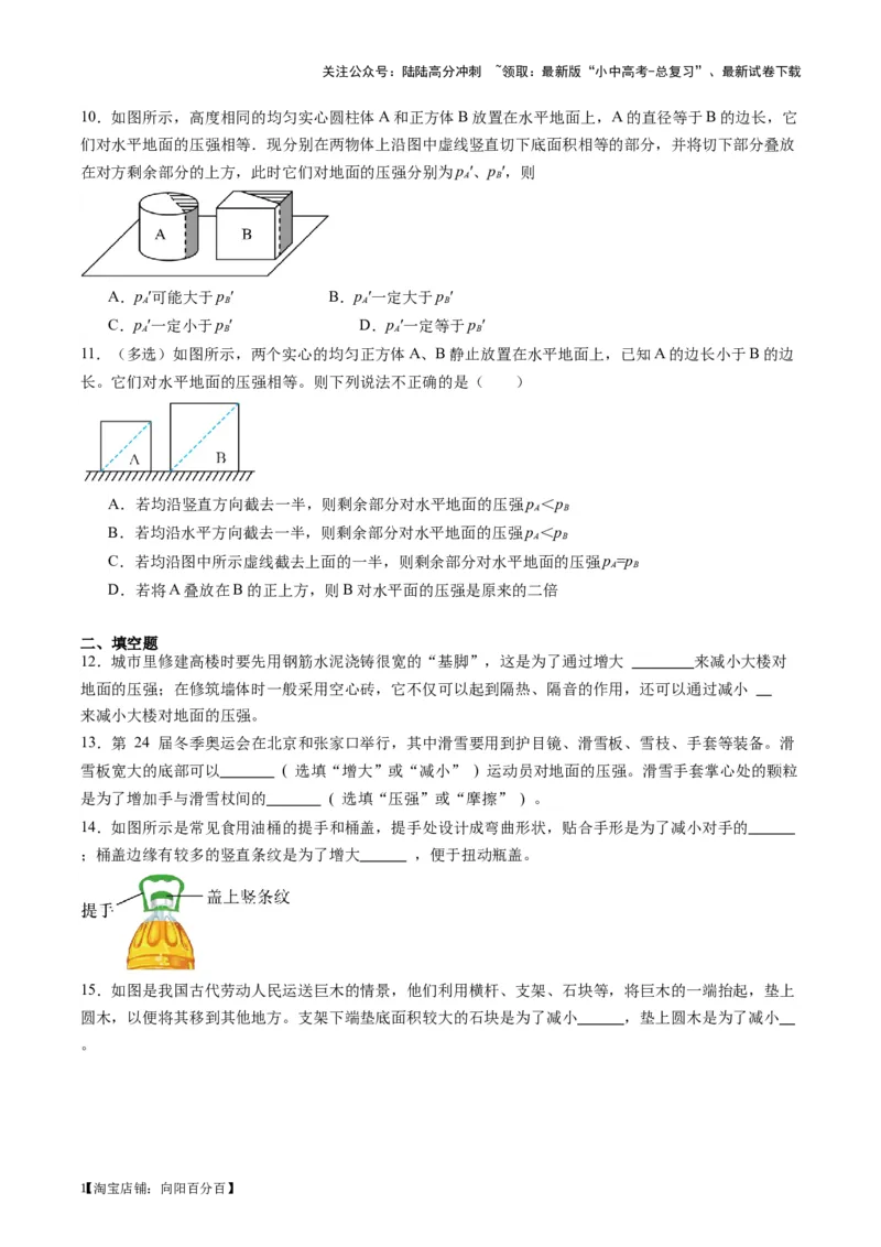 专题10压力与压强（原卷版）_02中考总复习（2026版更新中）_04-物理-中考总复习_2024年中考复习资料_一轮复习_完备战2024年中考物理一轮复习考点帮（全国通用）