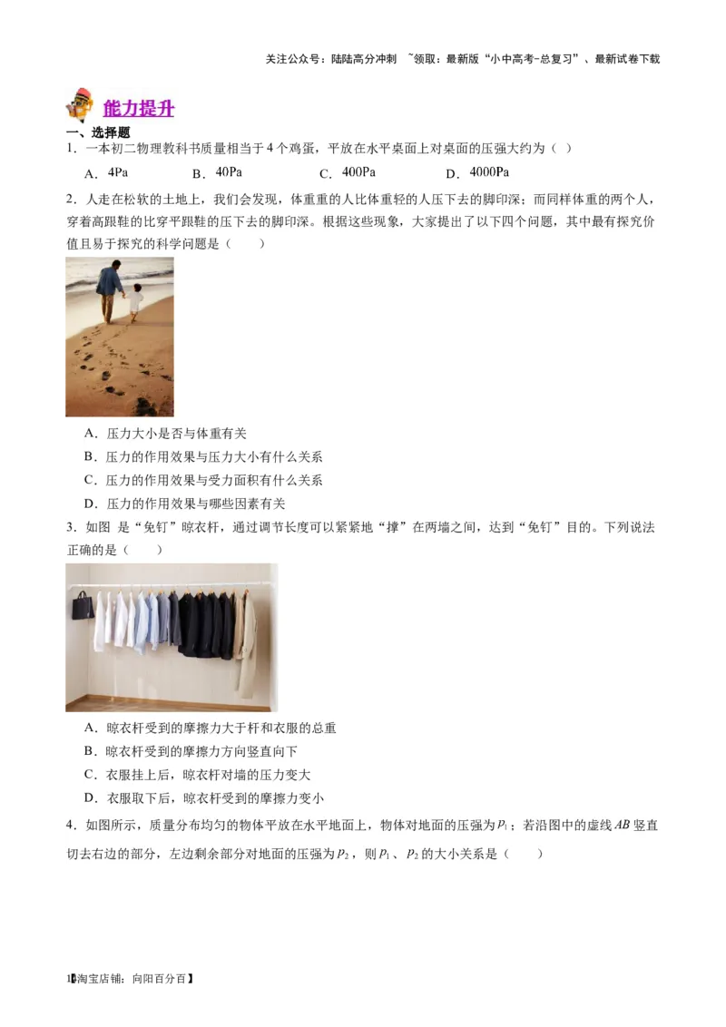 专题10压力与压强（原卷版）_02中考总复习（2026版更新中）_04-物理-中考总复习_2024年中考复习资料_一轮复习_完备战2024年中考物理一轮复习考点帮（全国通用）