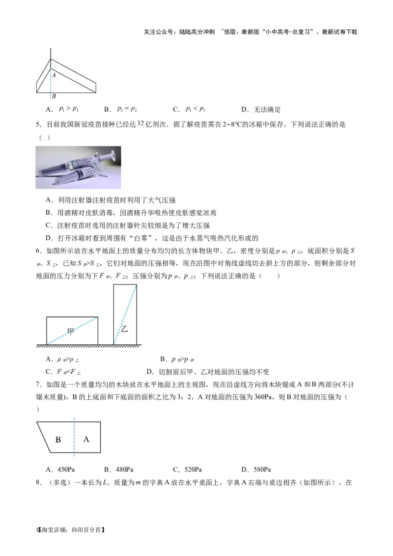 专题10压力与压强（原卷版）_02中考总复习（2026版更新中）_04-物理-中考总复习_2024年中考复习资料_一轮复习_完备战2024年中考物理一轮复习考点帮（全国通用）