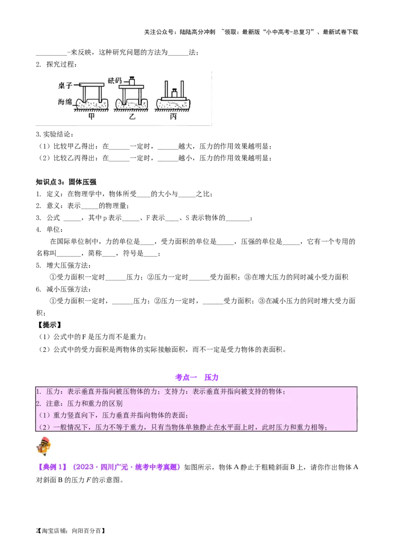 专题10压力与压强（原卷版）_02中考总复习（2026版更新中）_04-物理-中考总复习_2024年中考复习资料_一轮复习_完备战2024年中考物理一轮复习考点帮（全国通用）