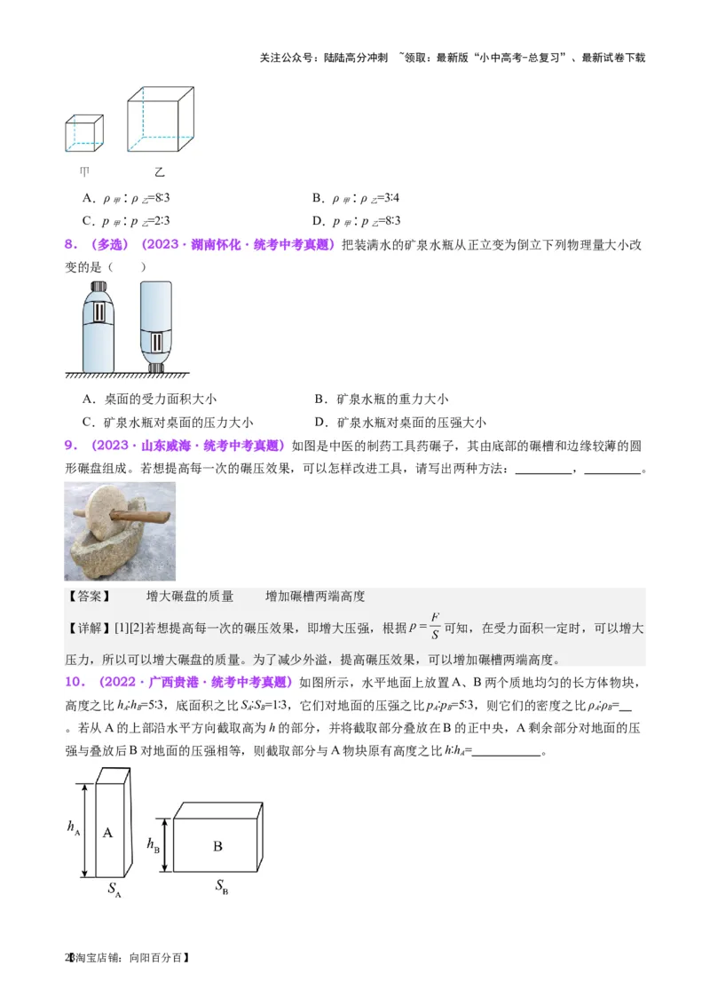专题10压力与压强（原卷版）_02中考总复习（2026版更新中）_04-物理-中考总复习_2024年中考复习资料_一轮复习_完备战2024年中考物理一轮复习考点帮（全国通用）