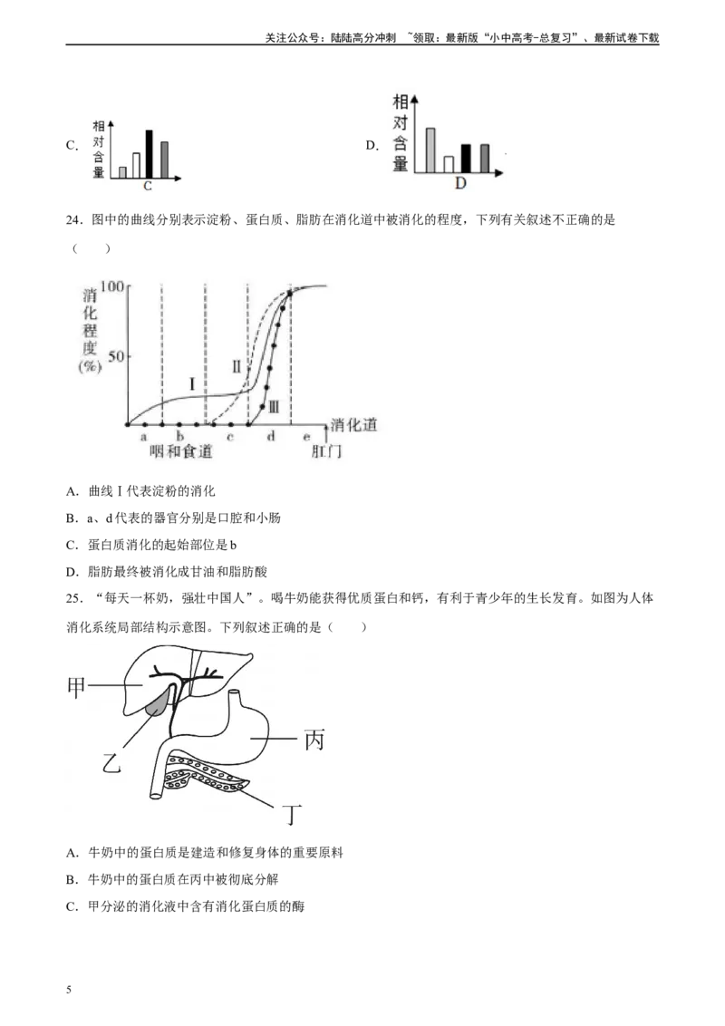 专题10人体的营养（习题精练）（全国通用）（原卷版）_02中考总复习（2026版更新中）_08-生物-中考总复习_2024年中考复习资料_一轮复习_配套练习（原卷版+解析版）