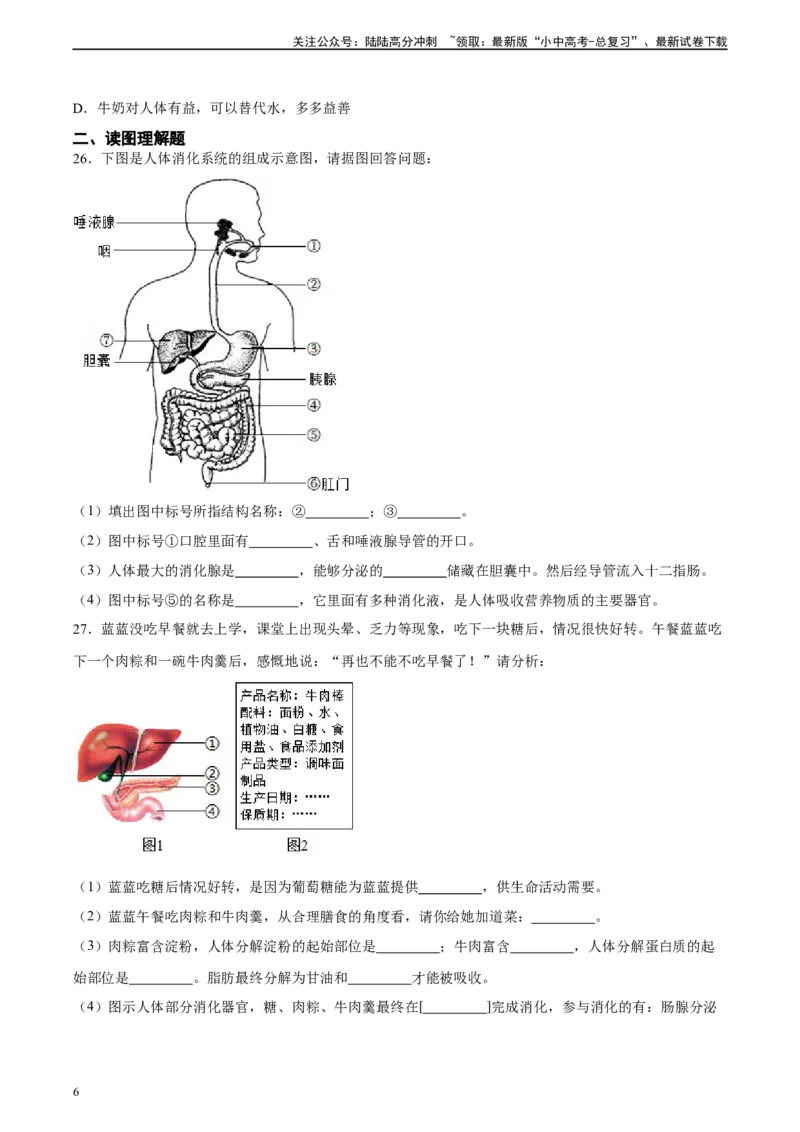 专题10人体的营养（习题精练）（全国通用）（原卷版）_02中考总复习（2026版更新中）_08-生物-中考总复习_2024年中考复习资料_一轮复习_配套练习（原卷版+解析版）