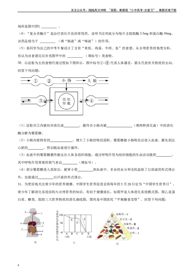专题10人体的营养（习题精练）（全国通用）（原卷版）_02中考总复习（2026版更新中）_08-生物-中考总复习_2024年中考复习资料_一轮复习_配套练习（原卷版+解析版）