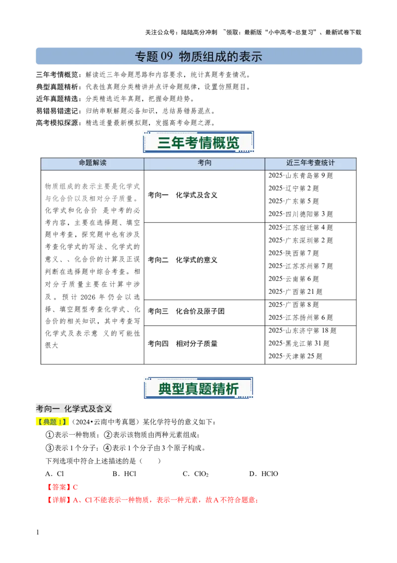 专题09物质组成的表示（解析版）_02中考总复习（2026版更新中）_05-化学-中考总复习_2026年中考复习（更新中）_备战2026年中考化学真题题源解密