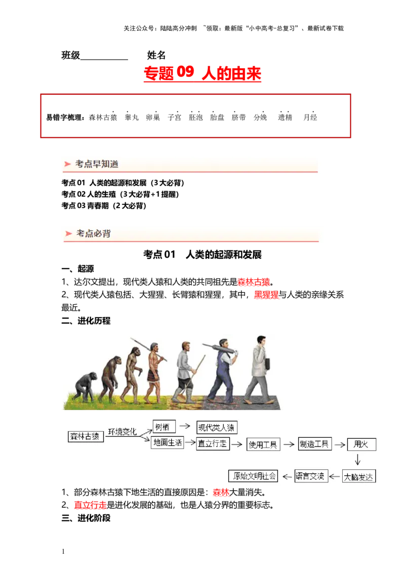 专题09人的由来（背记帮）-备战2024年中考生物一轮复习考点帮_02中考总复习（2026版更新中）_08-生物-中考总复习_2024年中考复习资料_一轮复习_必背考点