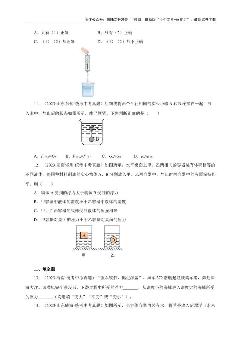 专题10浮力（真题训练）-物理中考一轮复习精品资料（原卷版）_02中考总复习（2026版更新中）_04-物理-中考总复习_2024年中考复习资料_一轮复习_更新2024年中考物理一轮复习精品资料