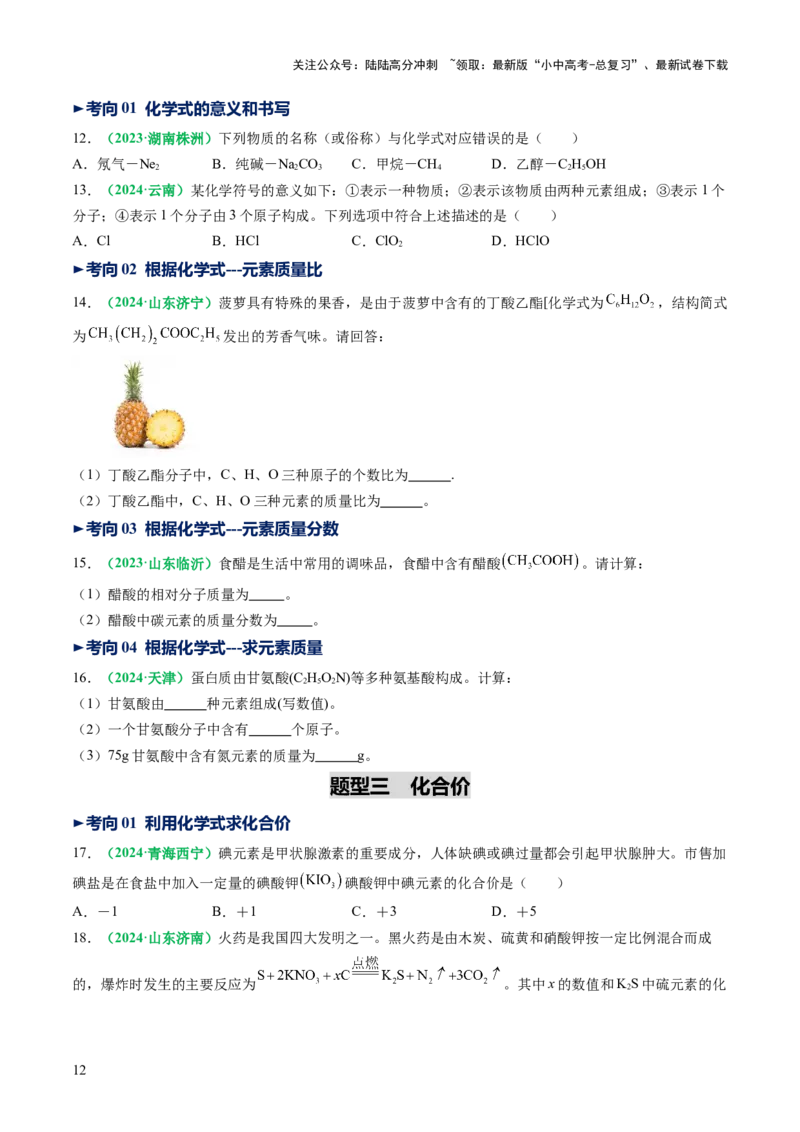 专题12化学式与化学用语（讲义）（原卷版）_02中考总复习（2026版更新中）_05-化学-中考总复习_2025年中考复习资料_2025中考化学一轮复习讲义+课件_讲义_专题12+化学式与化学用语（讲义）
