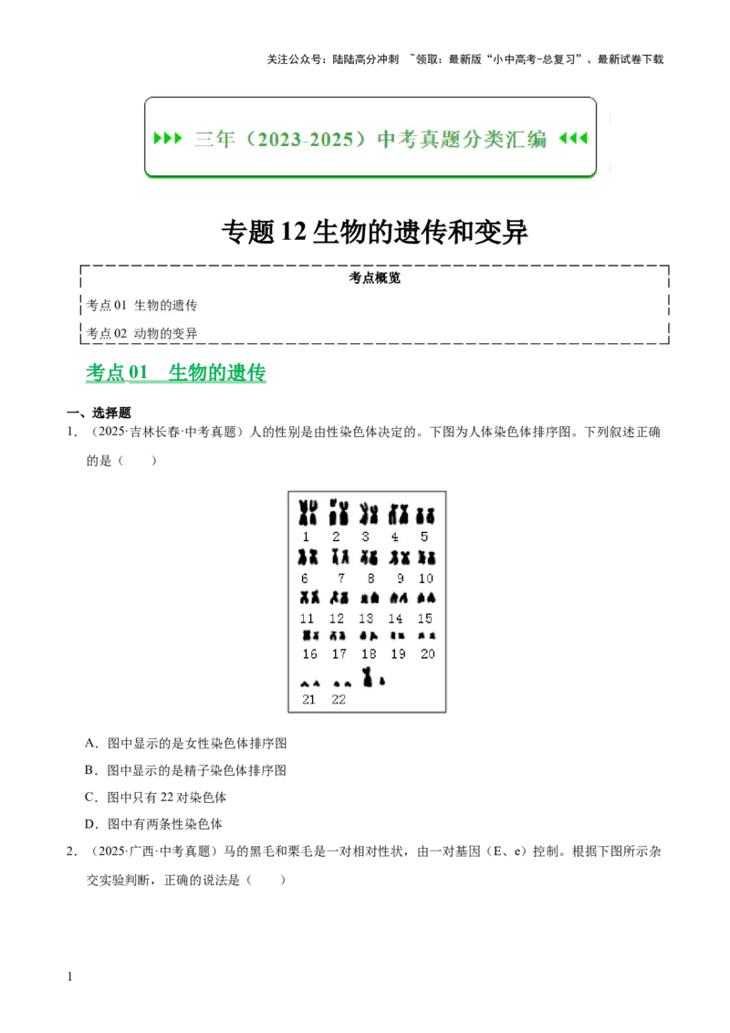 专题12生物的遗传和变异（全国通用）（原卷版）_02中考总复习（2026版更新中）_08-生物-中考总复习_2026年中考复习（更新中）