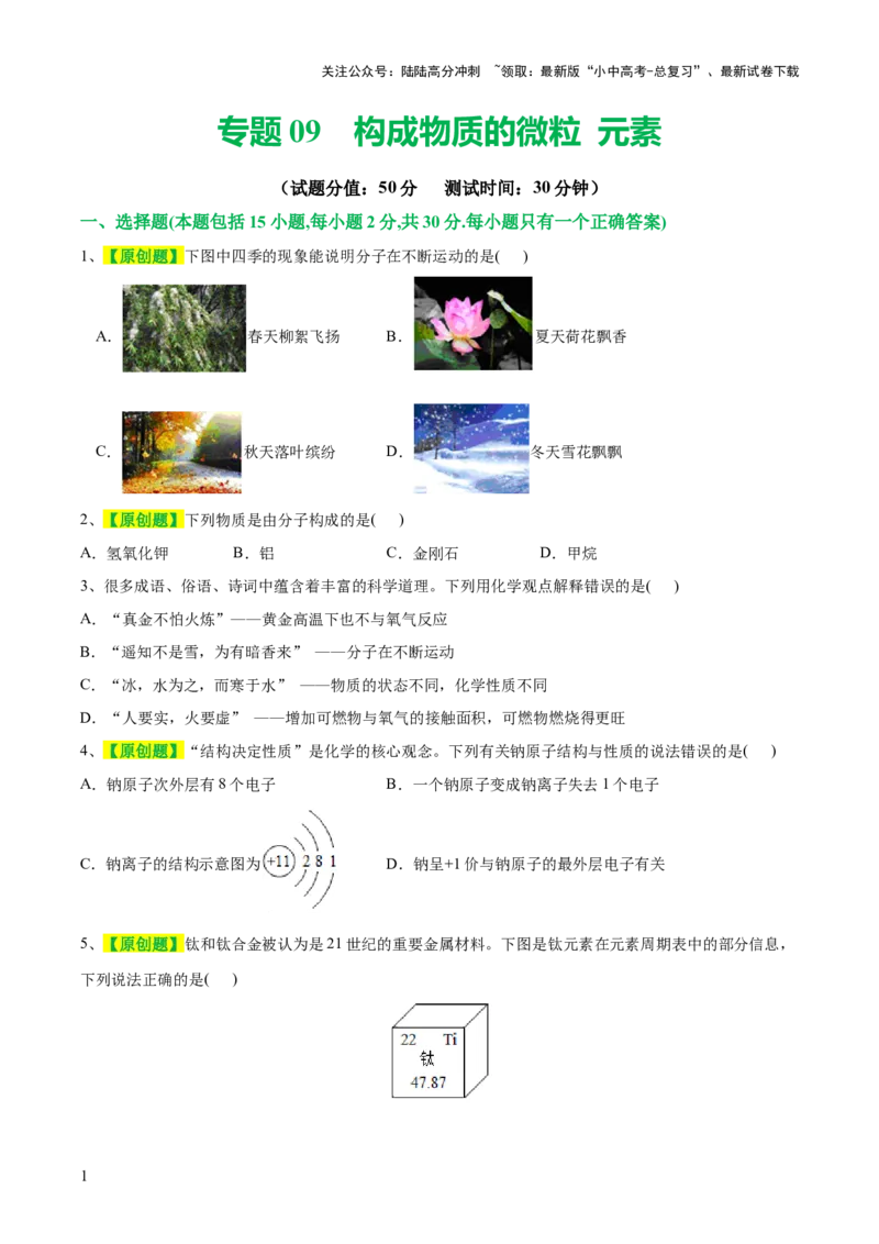专题09构成物质的微粒元素（测试）-2024年中考化学一轮复习讲练测（全国通用）（原卷版）_02中考总复习（2026版更新中）_05-化学-中考总复习_2024年中考复习资料_一轮复习资料
