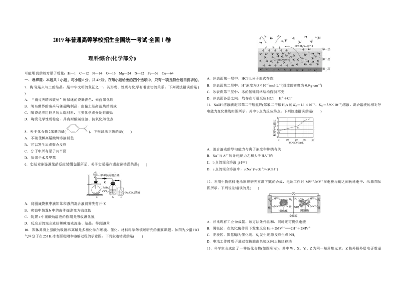 2019年全国统一高考化学试卷（新课标Ⅰ）（原卷版）_全国卷+地方卷_5.化学_1.化学高考真题试卷_2008-2020年_全国卷_全国统一高考化学（新课标ⅰ）2008-2021_A3word版