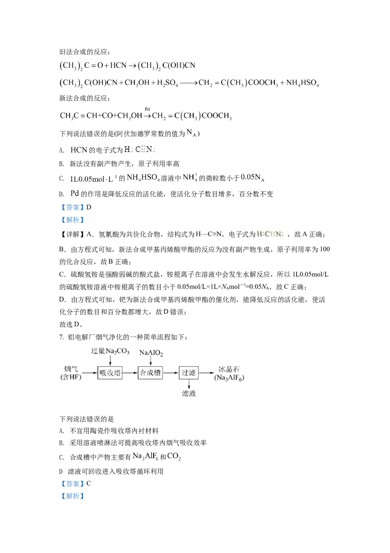 2022年湖南省普通高中学业水平选择性考试化学试题（解析版）_全国卷+地方卷_5.化学_1.化学高考真题试卷_2022年高考-化学_2022年湖南卷-化学