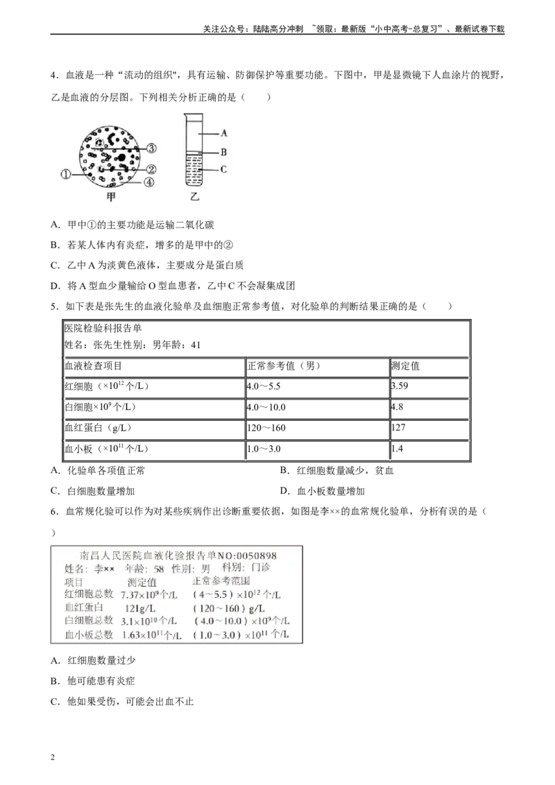 专题12人体内物质的运输（习题精练）（全国通用）（原卷版）_02中考总复习（2026版更新中）_08-生物-中考总复习_2024年中考复习资料_一轮复习_配套练习（原卷版+解析版）