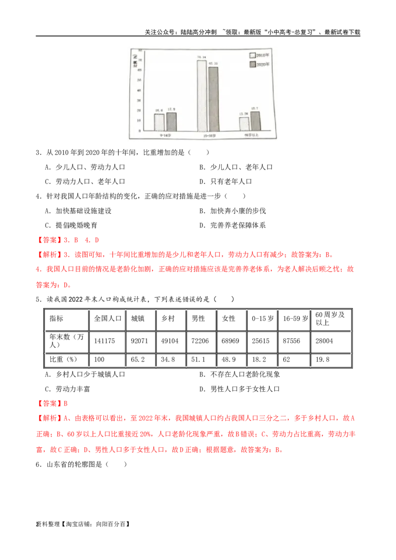 专题12中国的疆域和人口（解析版）_02中考总复习（2026版更新中）_09-地理-中考总复习_2024年中考复习资料_一轮复习_完一轮通关备战2024年中考地理一轮复习真题通关练_答案解析版
