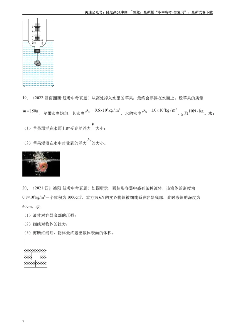 专题10浮力《浮力》章末综合训练（学生版）_02中考总复习（2026版更新中）_04-物理-中考总复习_2024年中考复习资料_专项复习资料_完三年（2021&mdash;2023）中考真题分项精编（全国通用）