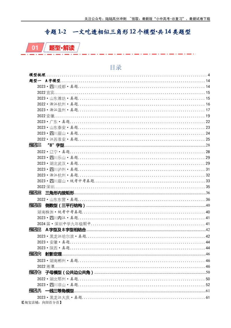 专题1-2一文吃透相似三角形12个模型&middot;共14类题型（解析版）_02中考总复习（2026版更新中）_02-数学-中考总复习_2024年中考复习资料_专项复习资料_教师版（含答案解析）