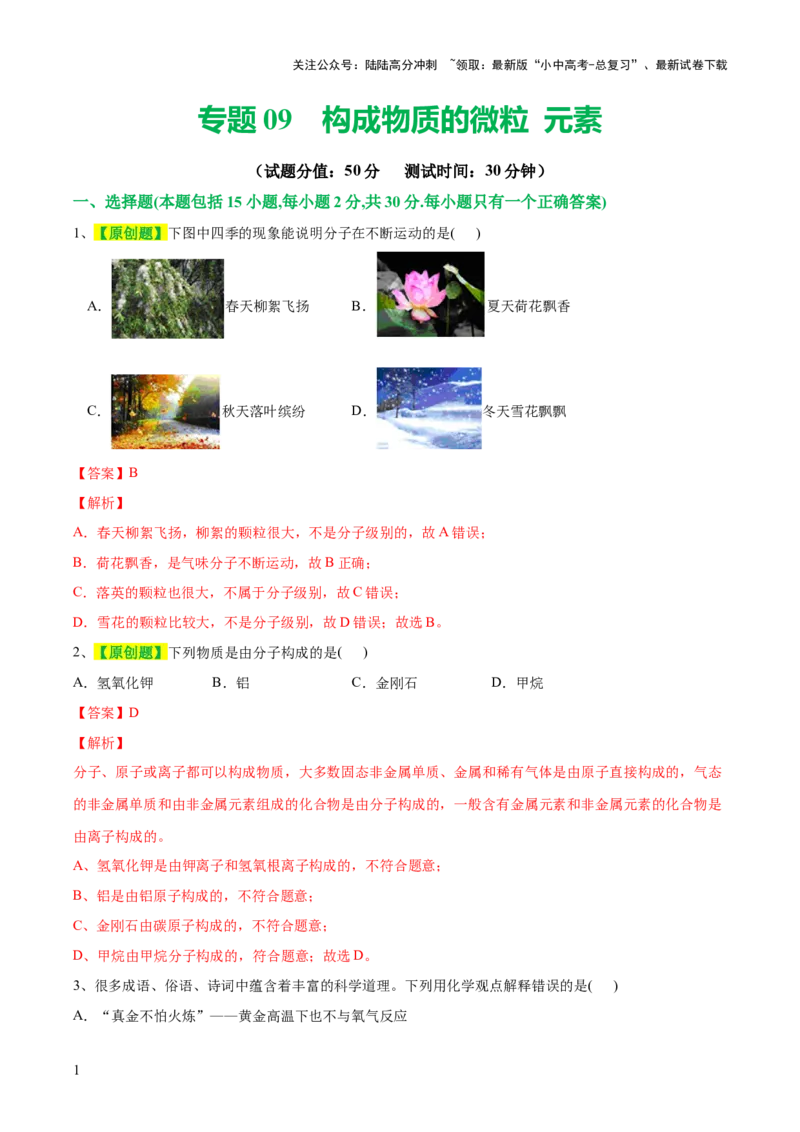 专题09构成物质的微粒元素（测试）-2024年中考化学一轮复习讲练测（全国通用）（解析版）_02中考总复习（2026版更新中）_05-化学-中考总复习_2024年中考复习资料_一轮复习资料