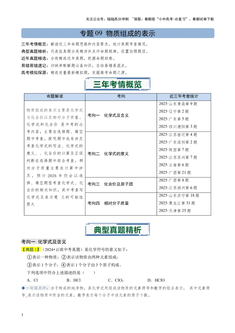 专题09物质组成的表示（原卷版）_02中考总复习（2026版更新中）_05-化学-中考总复习_2026年中考复习（更新中）_备战2026年中考化学真题题源解密