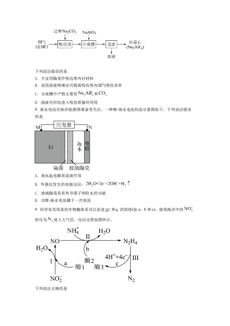 2022年湖南省普通高中学业水平选择性考试化学试题（原卷版）_全国卷+地方卷_5.化学_1.化学高考真题试卷_2022年高考-化学_2022年湖南卷-化学